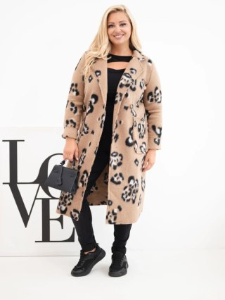 Płaszcz damski elegancki Plus Size w panterkę z klapami camelowy