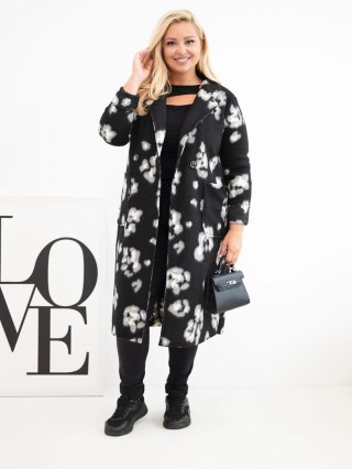 Płaszcz damski elegancki Plus Size w panterkę z klapami czarny