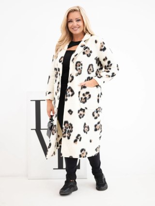 Płaszcz damski elegancki Plus Size w panterkę z klapami ecru
