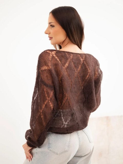 Sweter damski w 80% z moheru ażurowy zapinany na guziki brązowy