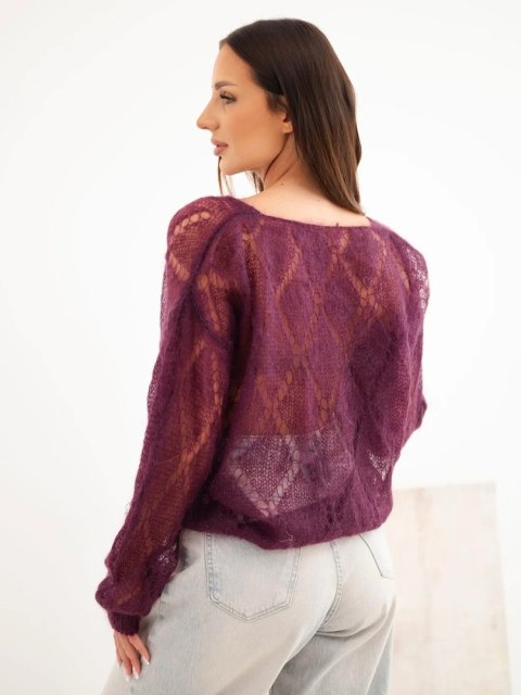 Sweter damski w 80% z moheru ażurowy zapinany na guziki śliwkowy
