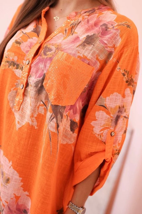 Bluzka damska z bawełny z kwiatowym wzorem i guzikami pomaranczowa