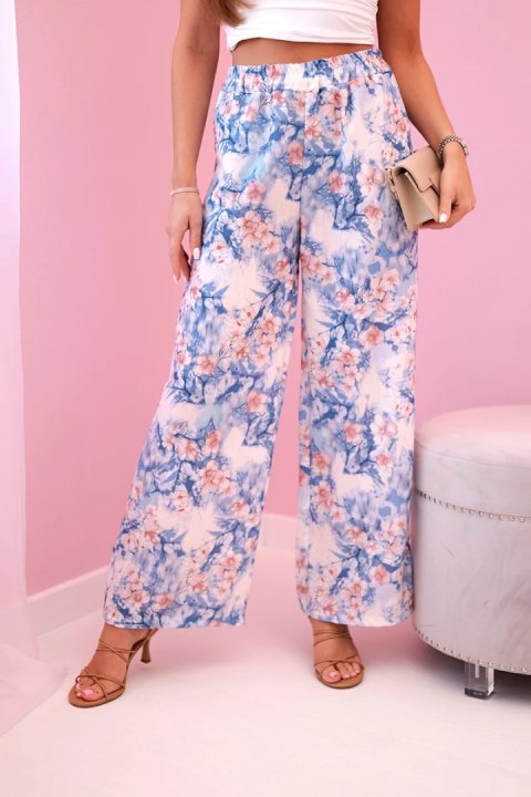 Spodnie damskie z szeroką nogawką w kwiaty niebieskie