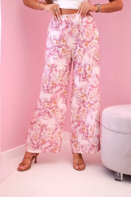 Spodnie damskie z szeroką nogawką w kwiaty różowe