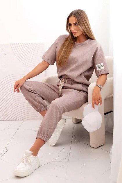 Komplet damski z wiskozy masełko z krótkim rękawem i spodniami beżowy melanż