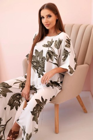 Oversizowy komplet damski z wiskozy z kwiatowym wzorem khaki