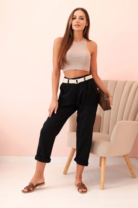 Spodnie damskie lniane z bawełną i paskiem czarne