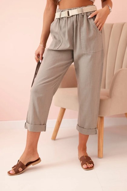 Spodnie damskie lniane z bawełną i paskiem fango