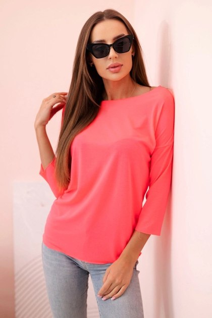 Bluzka damska z dekoltem w łódkę różowy neon