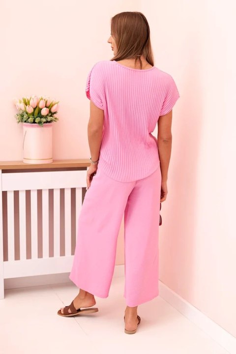 Komplet z wiskozy bluzka plisowana + spodnie cukierkowy róż