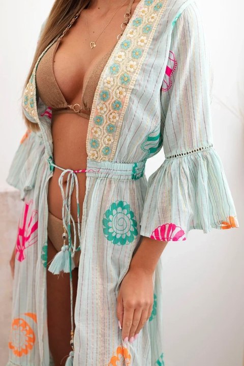 Narzutka damska boho z haftem miętowa