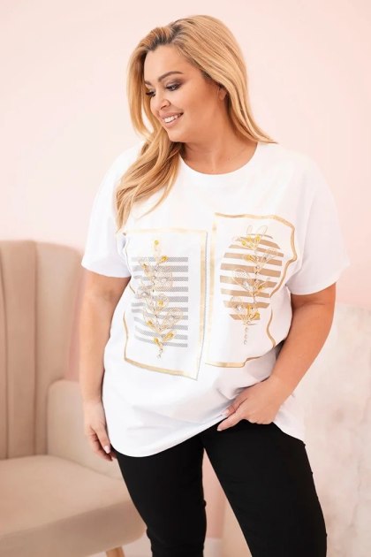 Bluzka damska bawełniana Plus Size z dżetami biały + camelowy