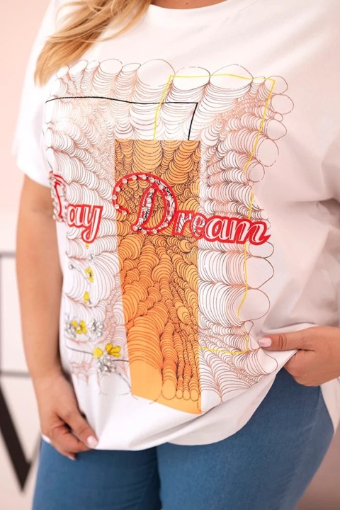 Bluzka damska bawełniana Plus Size z nadrukiem Day Dream biały + pomarańczowy