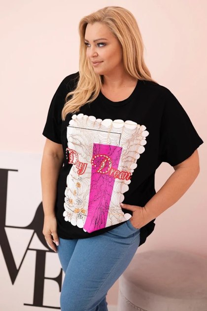 Bluzka damska bawełniana Plus Size z nadrukiem Day Dream czarny + różowy