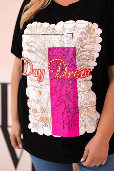 Bluzka damska bawełniana Plus Size z nadrukiem Day Dream czarny + różowy