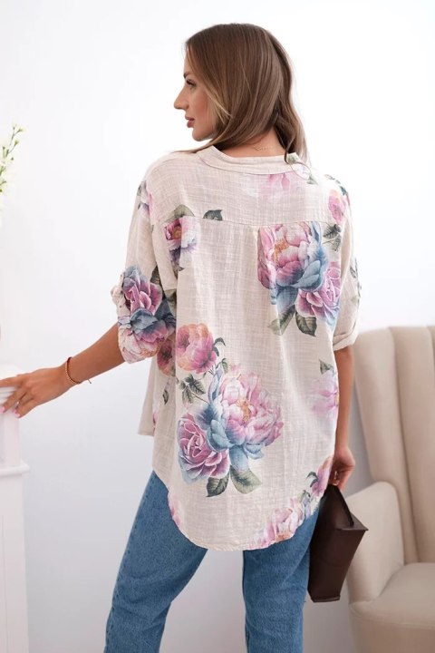 Bluzka damska z bawełny z kwiatowym wzorem beżowa