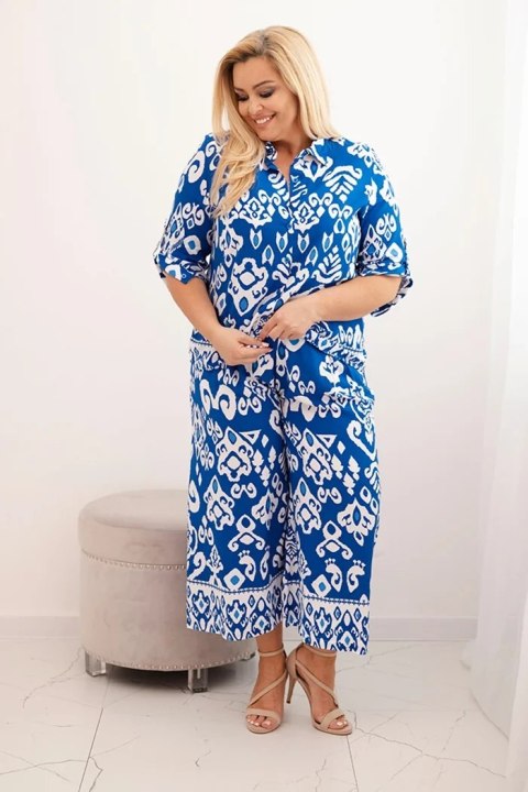 Komplet damski Plus Size wiskozowy z geometrycznym nadrukiem chabrowy