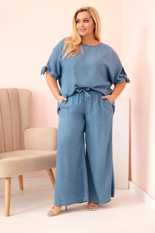 Komplet damski Plus Size z tencelu bluzka z wiązaniem i szerokie spodnie jeansowe