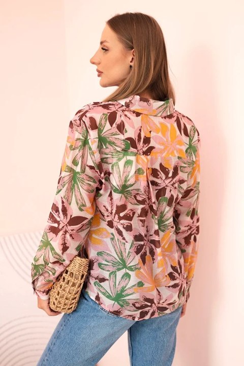 Koszula damska wiskozowa z kołnierzykiem w kwiatowy wzór pudrowy róż