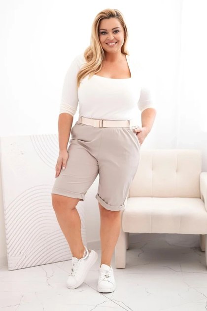 Spodenki damskie bawełniane Plus Size z paskiem ciemno beżowe