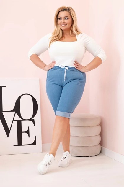 Spodenki damskie bawełniane Plus Size z wiązaniem jasno jeansowe
