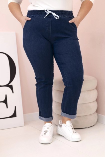 Spodnie damskie bawełniane Plus Size z elastyczną talią i wiązaniem ciemno jeansowe