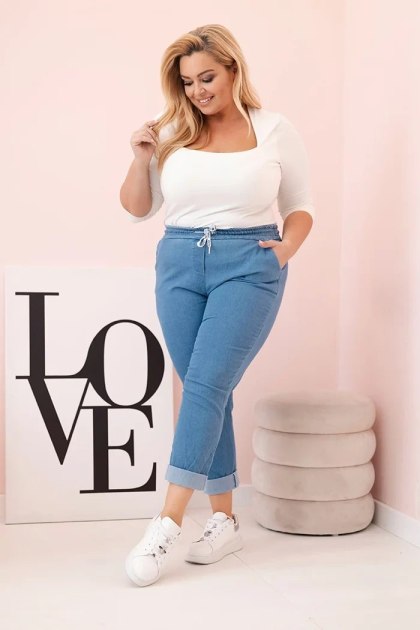 Spodnie damskie bawełniane Plus Size z elastyczną talią i wiązaniem jasno jeansowe