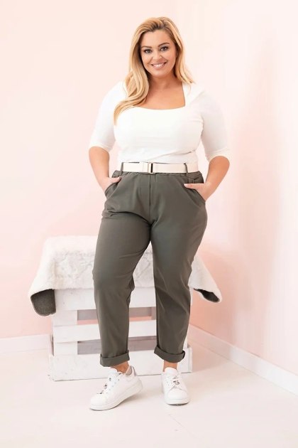Spodnie damskie bawełniane Plus Size z paskiem khaki