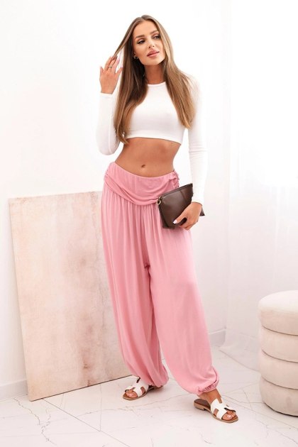 Spodnie damskie wiskozowe z szeroką nogawką i marszczeniami ciemno różowe