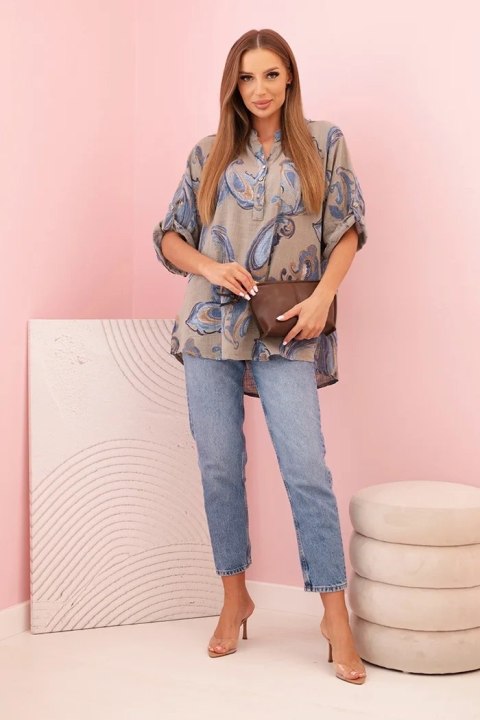 Bluzka damska z bawełny z ozdobnym printem i podwijanymi rękawami fango