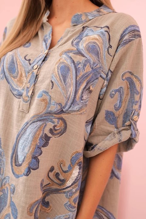 Bluzka damska z bawełny z ozdobnym printem i podwijanymi rękawami fango