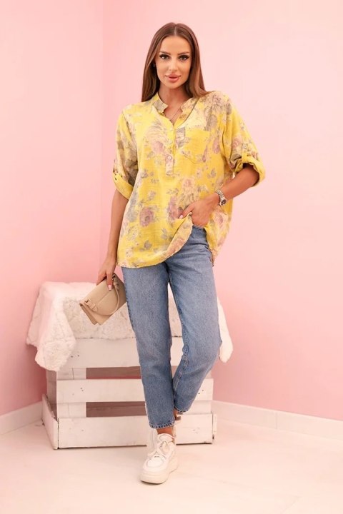 Koszula damska bawełniana z kwiatowym wzorem i podwijanymi rękawami kiwi