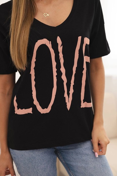 Bluzka damska bawełniana z dekoltem V i nadrukiem LOVE czarna