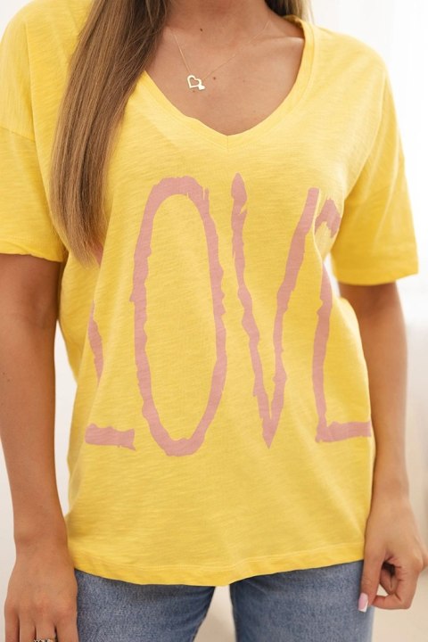 Bluzka damska bawełniana z dekoltem V i nadrukiem LOVE żółta