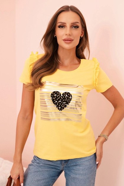 Bluzka damska bawełniana z falbanką i sercem z dżetów żółta