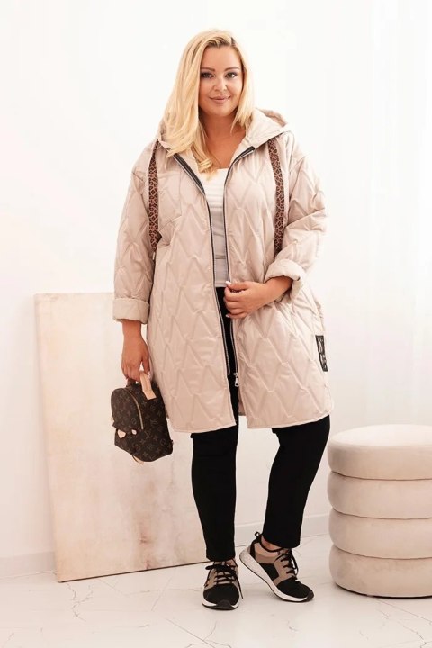 Kurtka damska Plus Size pikowana z kapturem i napisem HOPE ciemno beżowa