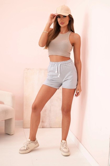 Spodenki damskie bawełniane z gumką i wiązanie w pasie szary melanż