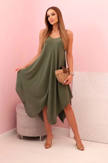 Sukienka damska na ramiączkach rozkloszowana z asymetrycznym dołem khaki