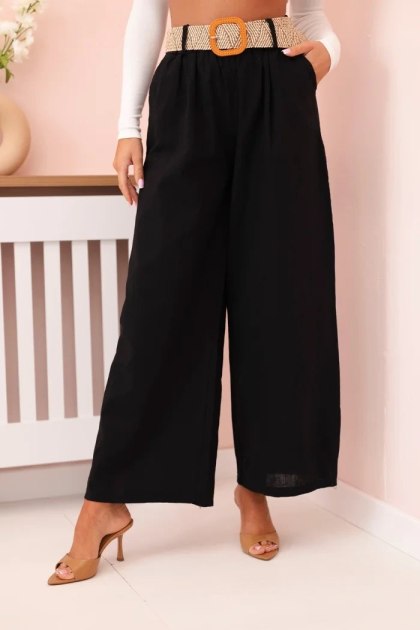 Spodnie damskie lniane z szeroką nogawką i paskiem czarne