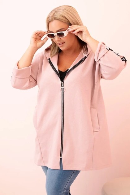 Bluza damska Plus Size z wiskozą rozpinana z kapturem pudrowy róż