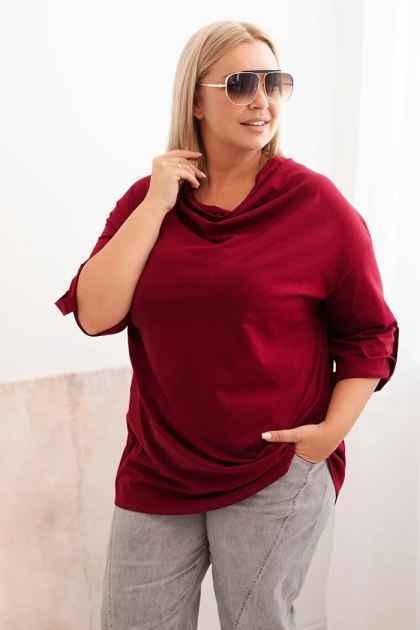 Bluzka damska Plus Size z bawełną o luźnym kroju z dekoltem wodnym bordowa