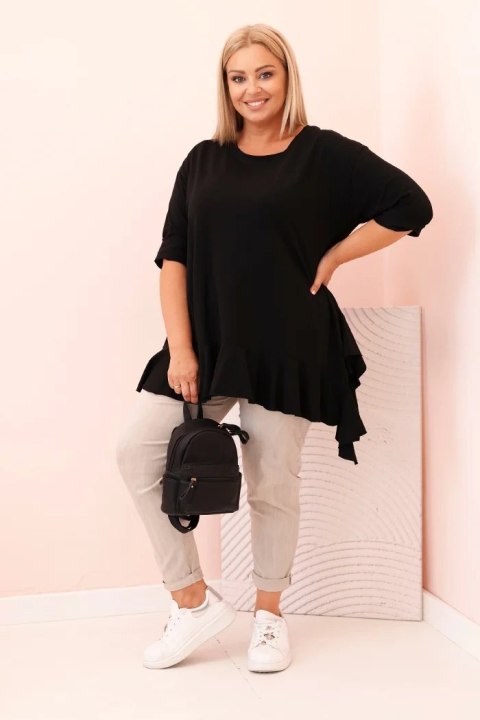 Bluzka damska Plus Size z bawełną z falbaną i rękawem podwijanym czarna