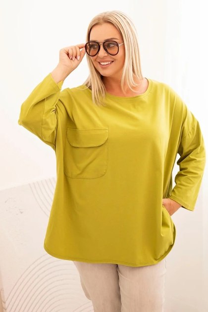 Bluzka damska Plus Size z bawełną z kieszenią i rękawem podwijanym kiwi