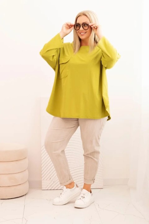 Bluzka damska Plus Size z bawełną z kieszenią i rękawem podwijanym kiwi