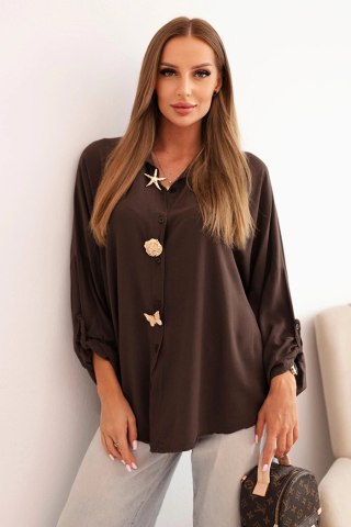 Koszula damska z wiskozą z ozdobnymi guzikami i kołnierzem brązowa