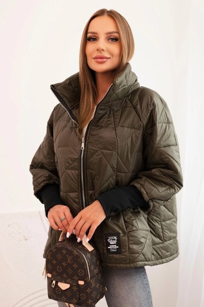 Kurtka damska pikowana z krótkim krojem i stójką khaki