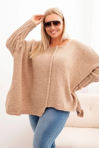Sweter damska Plus Size z akrylem o luźnym kroju i rękawem 3/4 camelowy