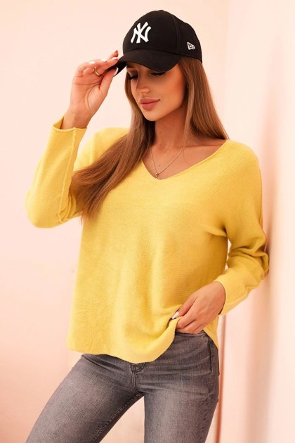 Sweter damska z wiskozą z dekoltem w serek żółty