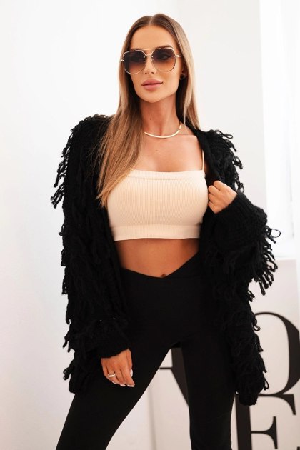 Kardigan damski z frędzlami i luźnym krojem czarny
