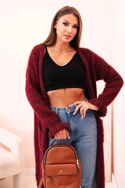 Kardigan damski z moheru o długim kroju z kieszeniami bordowy